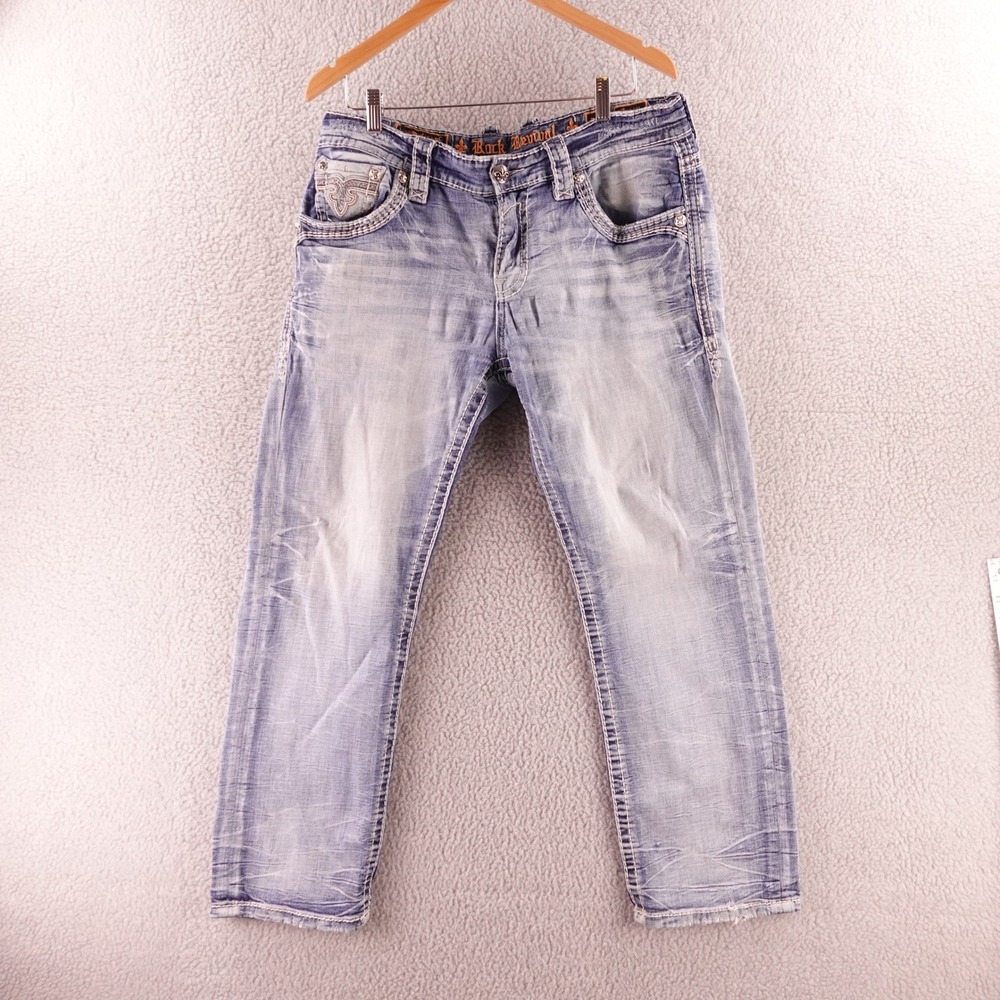 Rock Revival Breen Straight Leg Jeans Mens 34 Light‎ Wash Blue Embroidered Denim